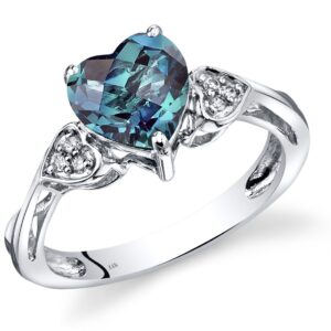 peora created alexandrite and genuine diamond sweetheart ring for women 14k white gold, color changing 2.25 carats heart shape 8mm, size 7