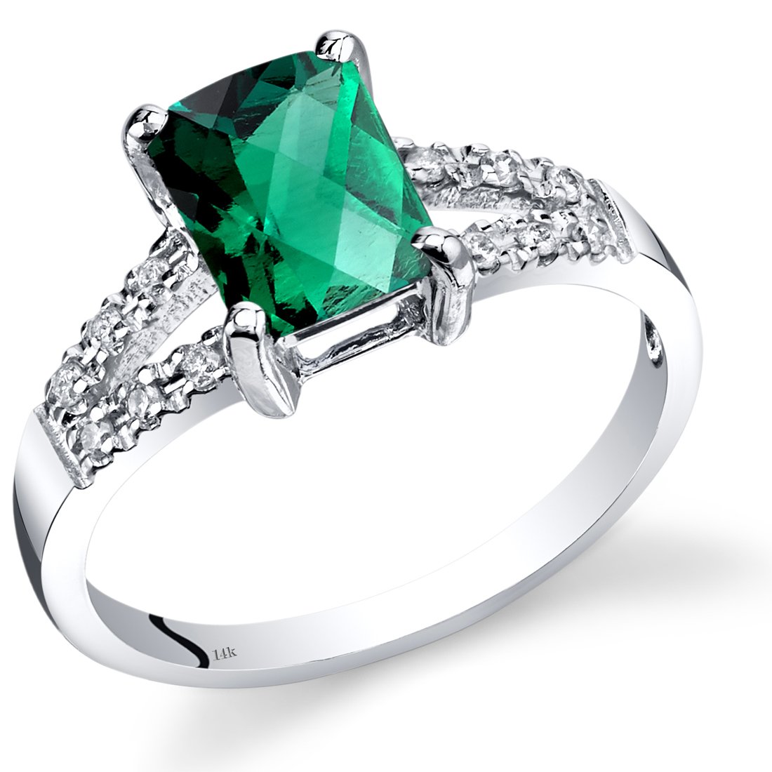 PEORA Created Emerald and Genuine Diamond Venetian Ring for Women 14K White Gold, 1.25 Carats Radiant Cut 8x6mm, Size 7