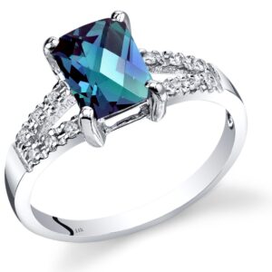 PEORA Created Alexandrite and Genuine Diamond Venetian Ring for Women 14K White Gold, Color Changing 1.50 Carats Radiant Cut 8x6mm, Size 7