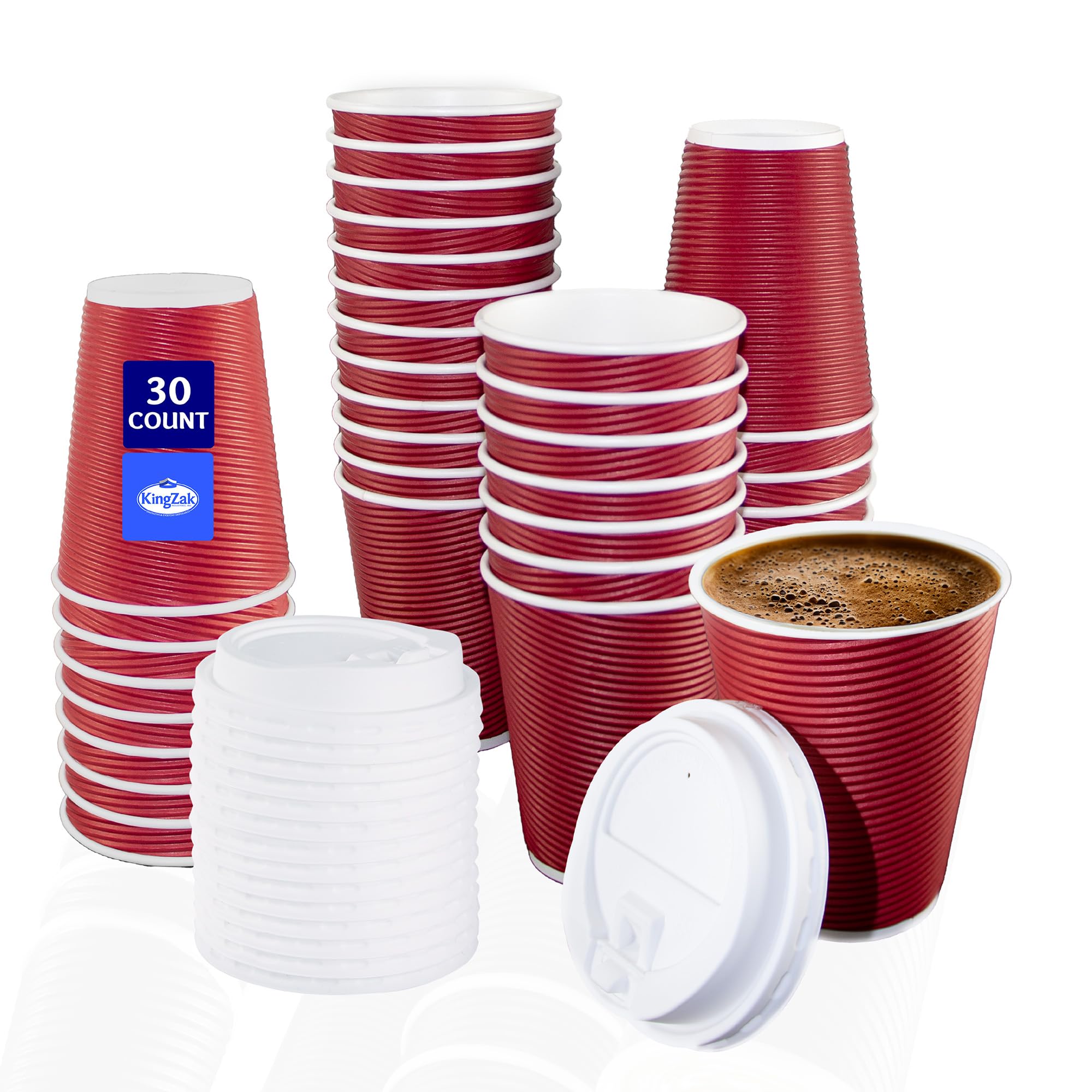 Nicole Home Collection Double-Walled Insulated Ripple Paper Disposable Cups With Lids For Hot Beverage, Pack of 30 Coffee Cup, 12 oz, Maroon