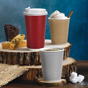 Nicole Home Collection Double-Walled Insulated Ripple Paper Disposable Cups With Lids For Hot Beverage, Pack of 30 Coffee Cup, 12 oz, Maroon