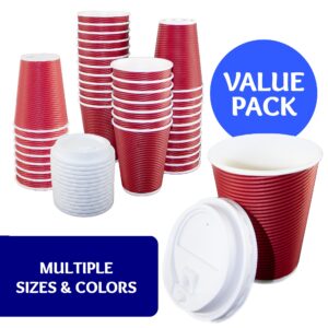 Nicole Home Collection Double-Walled Insulated Ripple Paper Disposable Cups With Lids For Hot Beverage, Pack of 30 Coffee Cup, 12 oz, Maroon