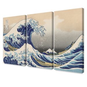 DECORARTS - The Great Wave off Kanagawa(Triptych), Katsushika Hoki. Classic Art Reproduction, Giclee Print On Canvas. Stretched canvas. 48x32