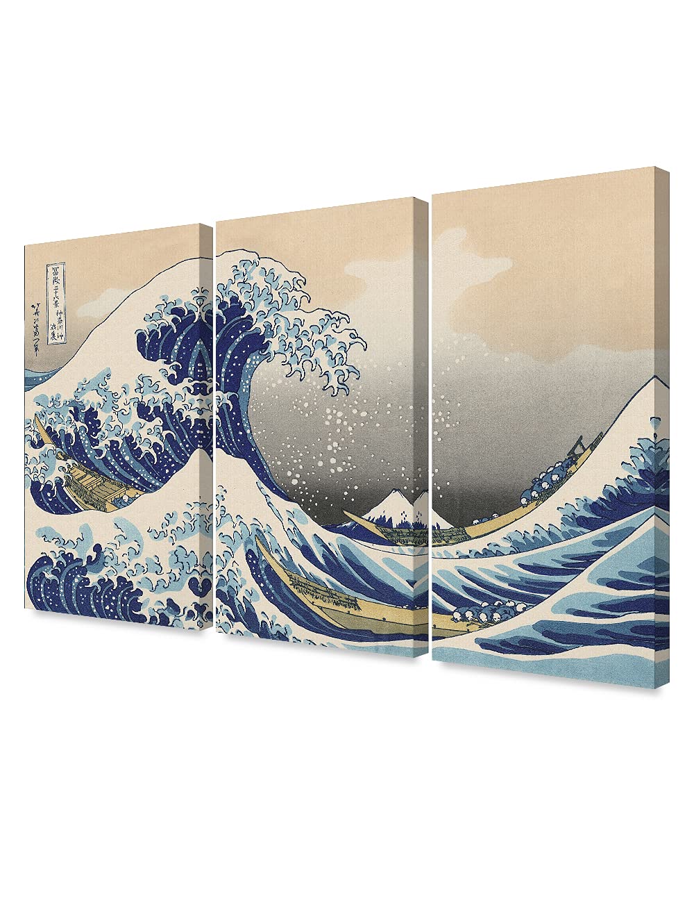 DECORARTS - The Great Wave off Kanagawa(Triptych), Katsushika Hoki. Classic Art Reproduction, Giclee Print On Canvas. Stretched canvas. 48x32