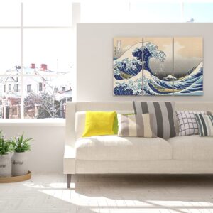 DECORARTS - The Great Wave off Kanagawa(Triptych), Katsushika Hoki. Classic Art Reproduction, Giclee Print On Canvas. Stretched canvas. 48x32