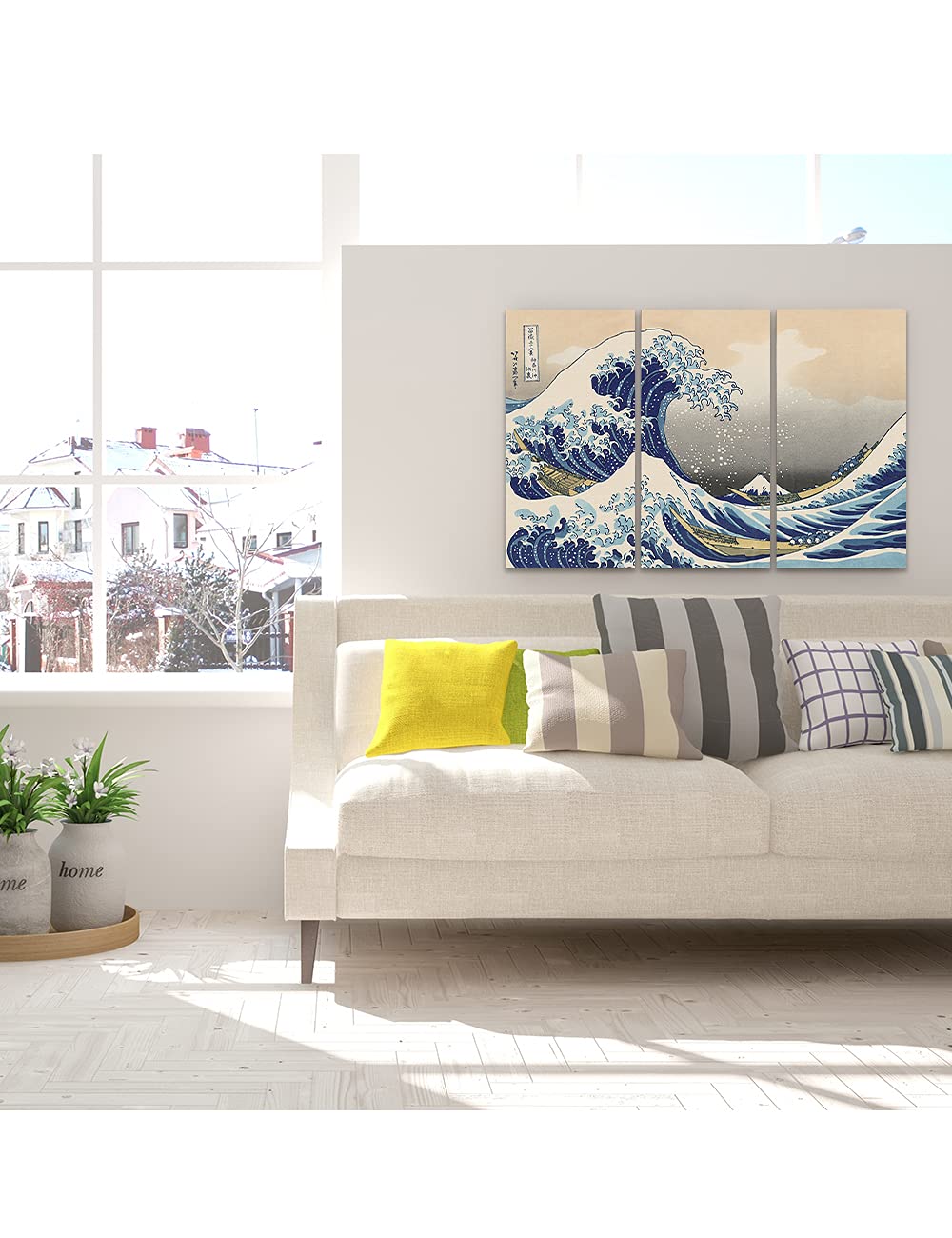 DECORARTS - The Great Wave off Kanagawa(Triptych), Katsushika Hoki. Classic Art Reproduction, Giclee Print On Canvas. Stretched canvas. 48x32