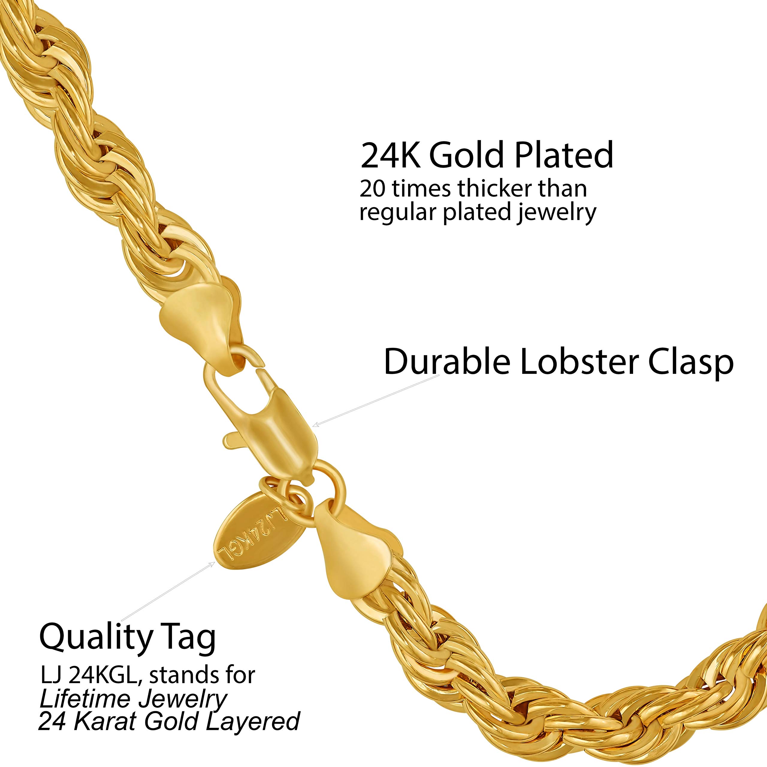 LIFETIME JEWELRY 7mm Rope Chain Bracelet for Men and Women 24K Real Gold Plated (Gold, 8 inches)