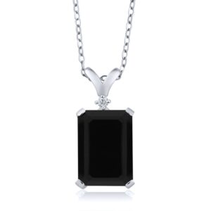 Gem Stone King 6.62 Cttw Black Onyx and White Diamond Necklace In 925 Sterling Silver | Emerald Cut 14X10MM Pendant Necklace for Women | Gemstone Birthstone | With 18 inch Silver Chain