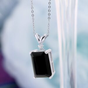 Gem Stone King 6.62 Cttw Black Onyx and White Diamond Necklace In 925 Sterling Silver | Emerald Cut 14X10MM Pendant Necklace for Women | Gemstone Birthstone | With 18 inch Silver Chain