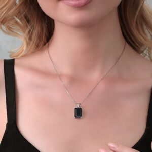 Gem Stone King 6.62 Cttw Black Onyx and White Diamond Necklace In 925 Sterling Silver | Emerald Cut 14X10MM Pendant Necklace for Women | Gemstone Birthstone | With 18 inch Silver Chain