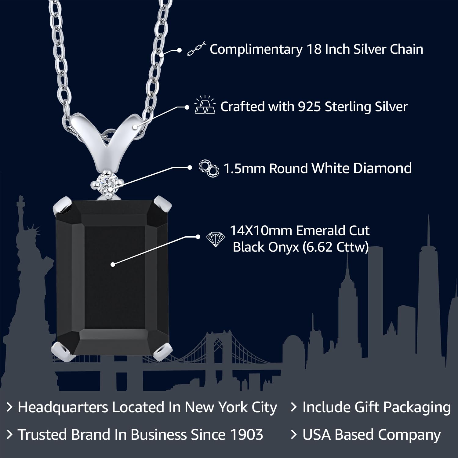 Gem Stone King 6.62 Cttw Black Onyx and White Diamond Necklace In 925 Sterling Silver | Emerald Cut 14X10MM Pendant Necklace for Women | Gemstone Birthstone | With 18 inch Silver Chain