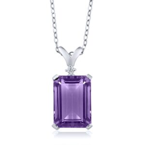 Gem Stone King 925 Sterling Silver Purple Amethyst and White Diamond Pendant Necklace For Women (6.27 Cttw, Gemstone Birthstone, Emerald Cut 14X10MM, With 18 Inch Silver Chain)