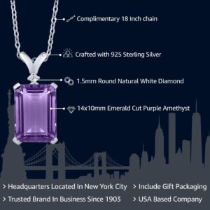 Gem Stone King 925 Sterling Silver Purple Amethyst and White Diamond Pendant Necklace For Women (6.27 Cttw, Gemstone Birthstone, Emerald Cut 14X10MM, With 18 Inch Silver Chain)