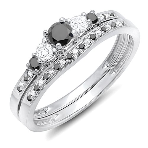 Dazzlingrock Collection 0.45 Cttw Black & White Diamond 5 Stone Wedding Ring Set in 14K White Gold, Size 8.5