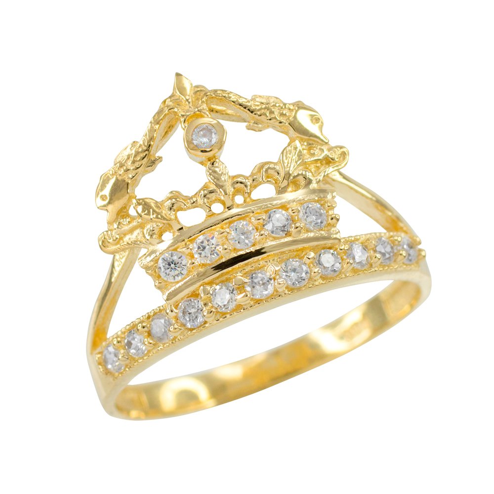 Modern Contemporary Rings Dainty 10k Yellow Gold CZ-Studded Queen Crown Ring (Size 9.5)