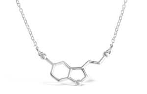 happiness serotonin molecule necklace for women, happy serotonin necklace, science jewelry for women, ideal necklaces for teacher, professor, chemistry grad, and science lovers (silver tone)