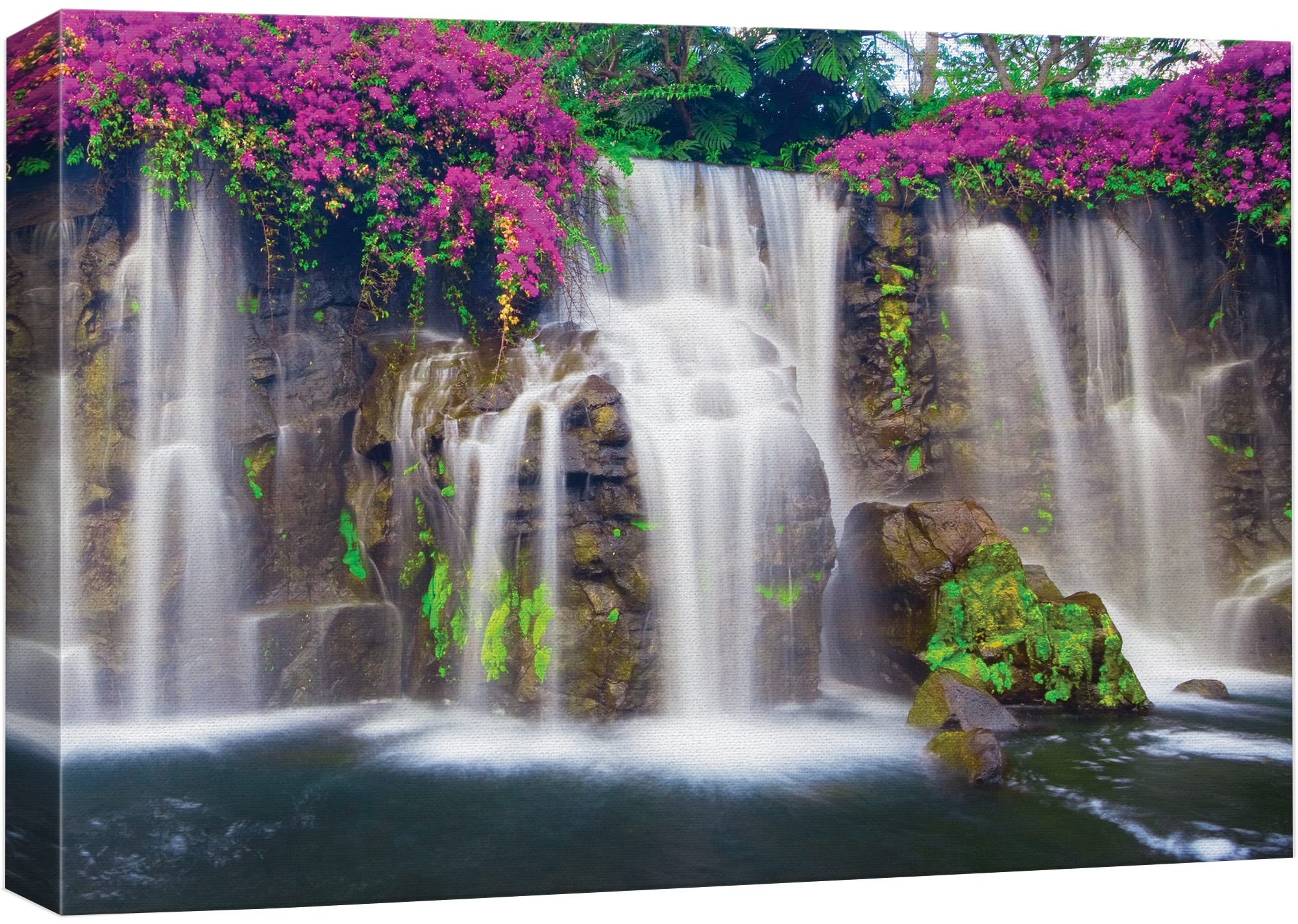 wall26 Misty Waterfall Picturesque Flowers - Canvas Art Home Art - 32x48 inches