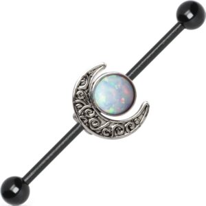 bodyjewelryonline surgical steel black industrial earrings 14g opal moon industrial piercing jewelry moon charm industrail bar piercing cartilage earring