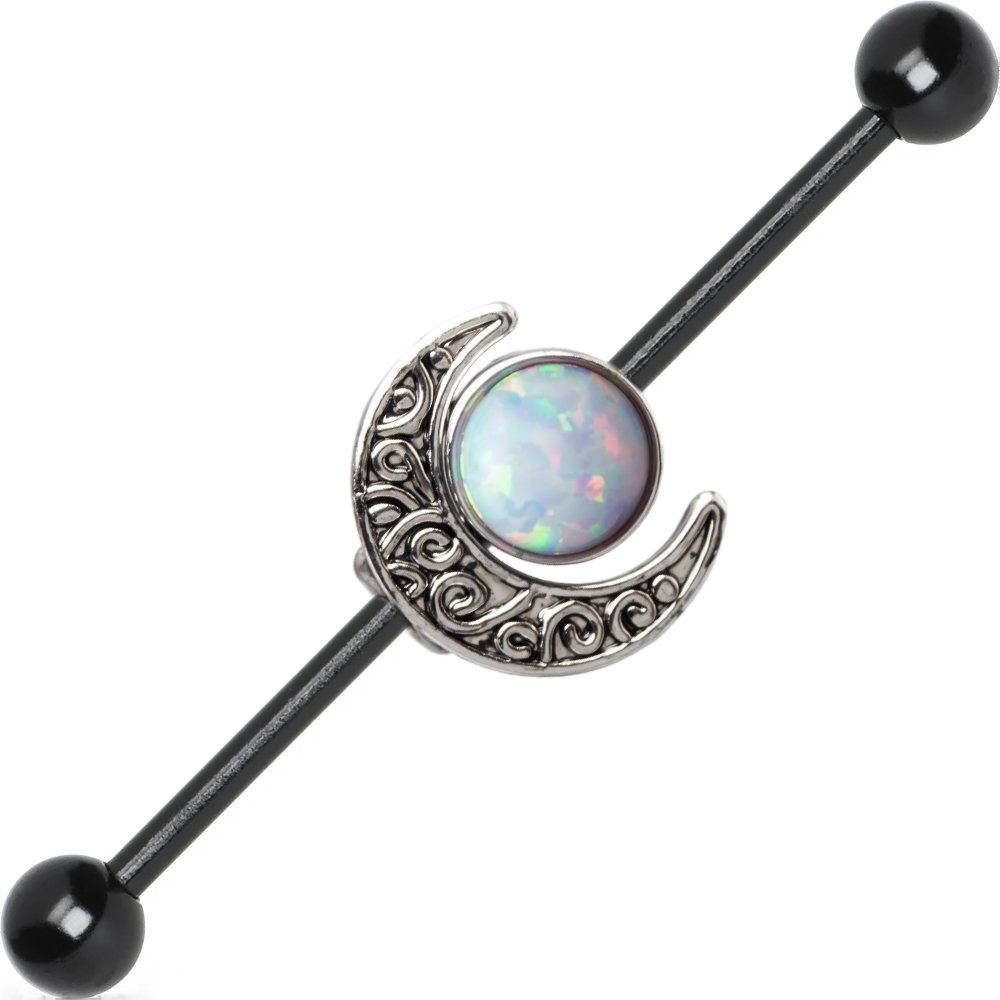 BodyJewelryOnline Surgical Steel Black Industrial Earrings 14g Opal Moon Industrial Piercing Jewelry Moon Charm Industrail Bar Piercing Cartilage Earring