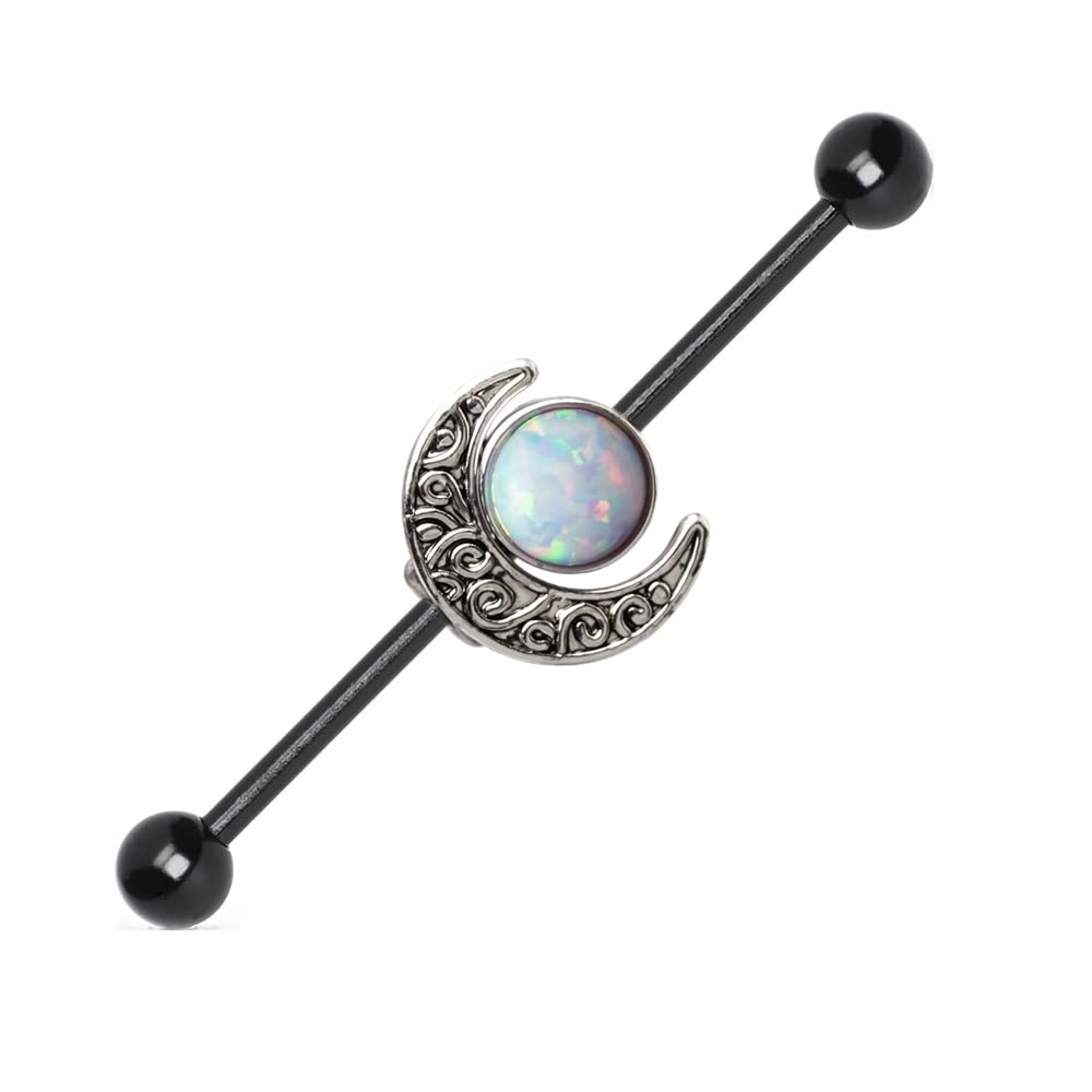 BodyJewelryOnline Surgical Steel Black Industrial Earrings 14g Opal Moon Industrial Piercing Jewelry Moon Charm Industrail Bar Piercing Cartilage Earring