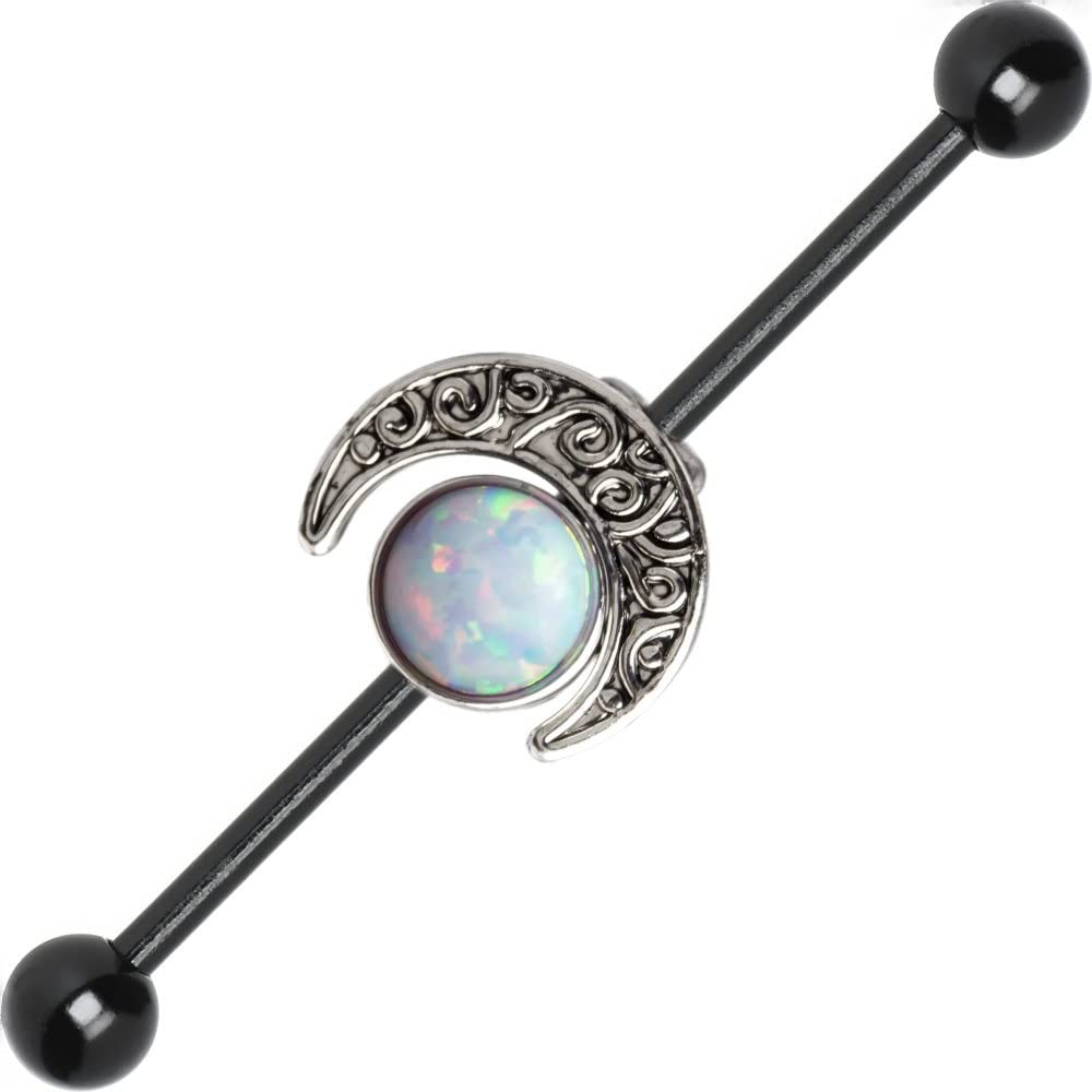 BodyJewelryOnline Surgical Steel Black Industrial Earrings 14g Opal Moon Industrial Piercing Jewelry Moon Charm Industrail Bar Piercing Cartilage Earring