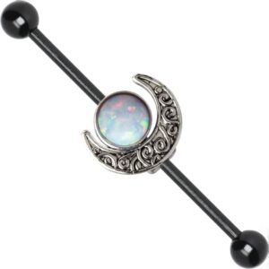 BodyJewelryOnline Surgical Steel Black Industrial Earrings 14g Opal Moon Industrial Piercing Jewelry Moon Charm Industrail Bar Piercing Cartilage Earring