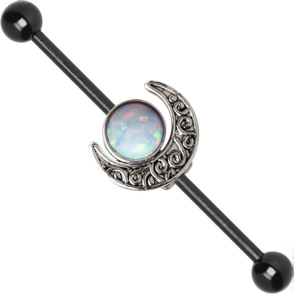 BodyJewelryOnline Surgical Steel Black Industrial Earrings 14g Opal Moon Industrial Piercing Jewelry Moon Charm Industrail Bar Piercing Cartilage Earring