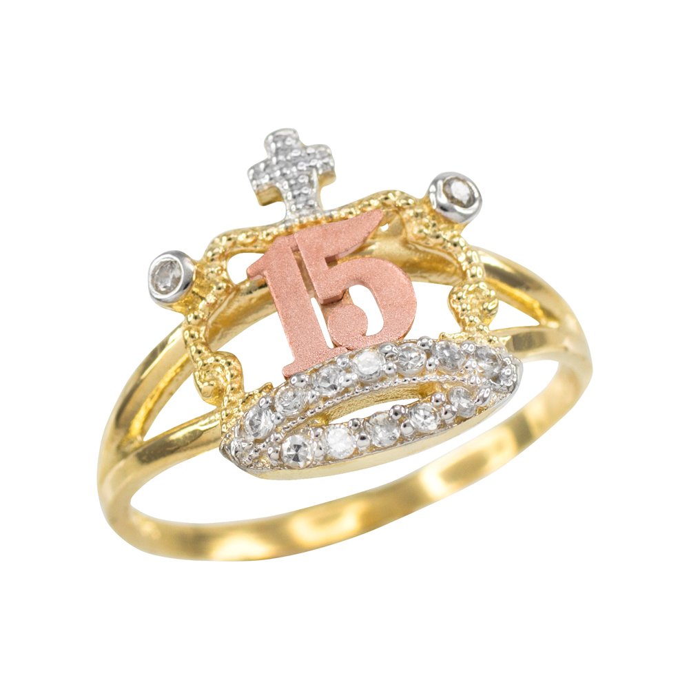 10k Tri-Tone Gold CZ-Studded Crown Sweet 15 Años Quinceanera Ring (Size 6.5)