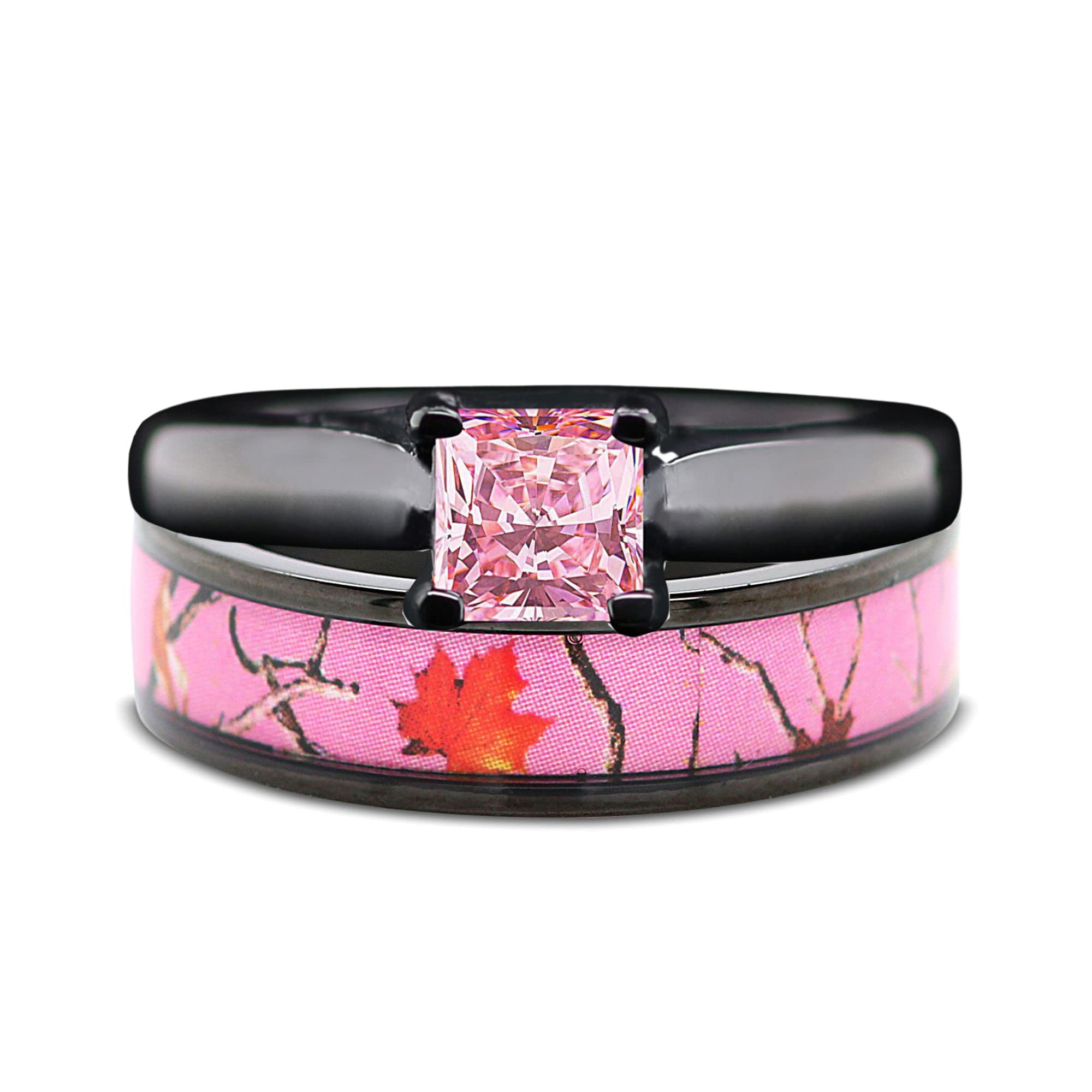 Pink Women`s Black Titanium Camo and Stainless Steel Princess Engagement Wedding Rings Set (5)