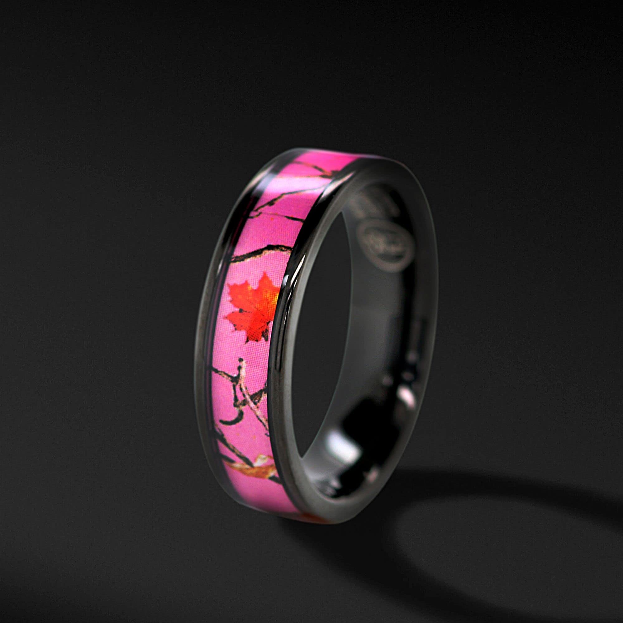 Pink Women`s Black Titanium Camo and Stainless Steel Princess Engagement Wedding Rings Set (5)