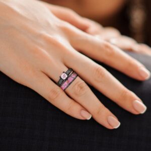 Pink Women`s Black Titanium Camo and Stainless Steel Princess Engagement Wedding Rings Set (7)