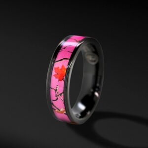 Pink Women`s Black Titanium Camo and Stainless Steel Princess Engagement Wedding Rings Set (7)