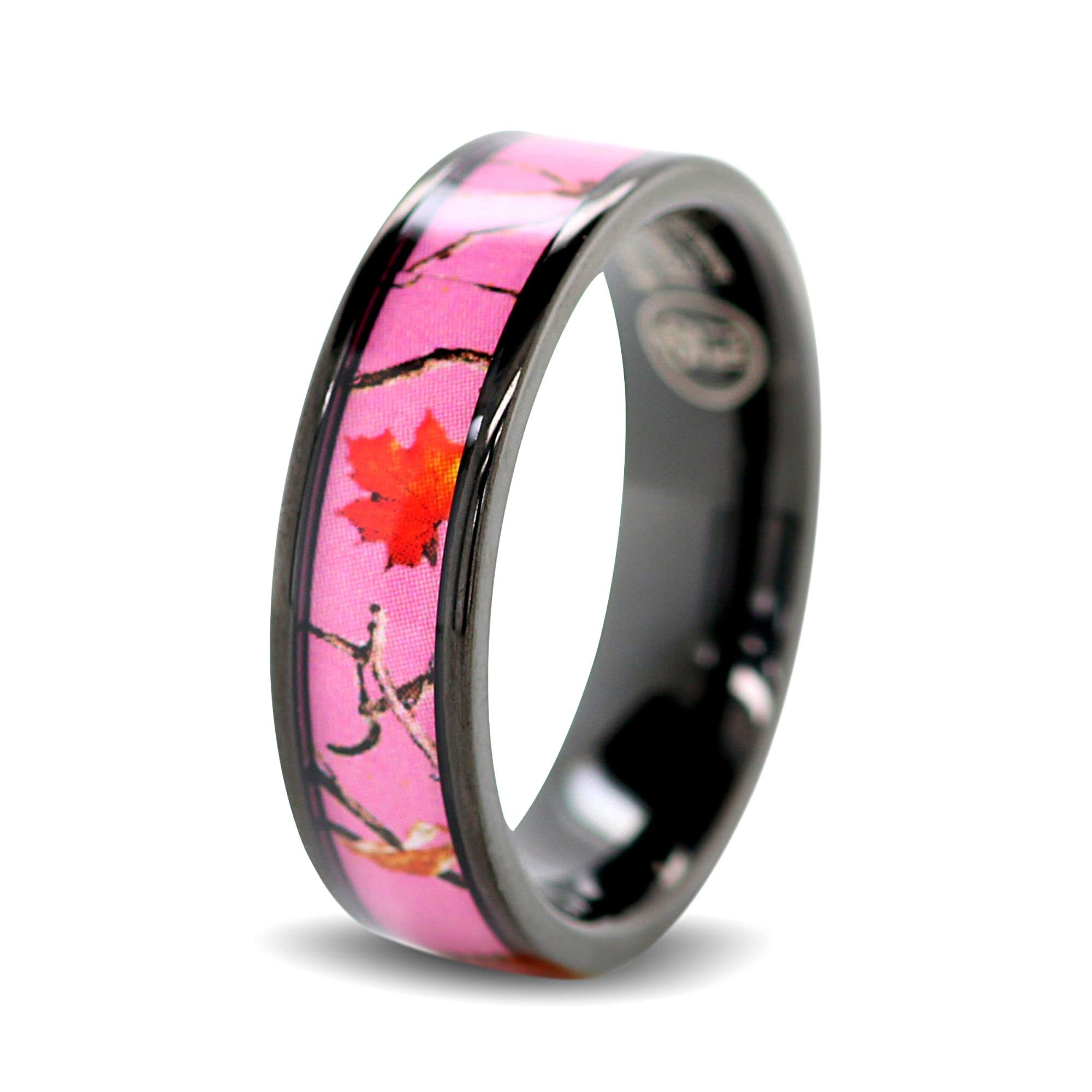 Pink Women`s Camo Black Titanium Hunting Wedding Band Ring #PRW1 (Size Women 7)