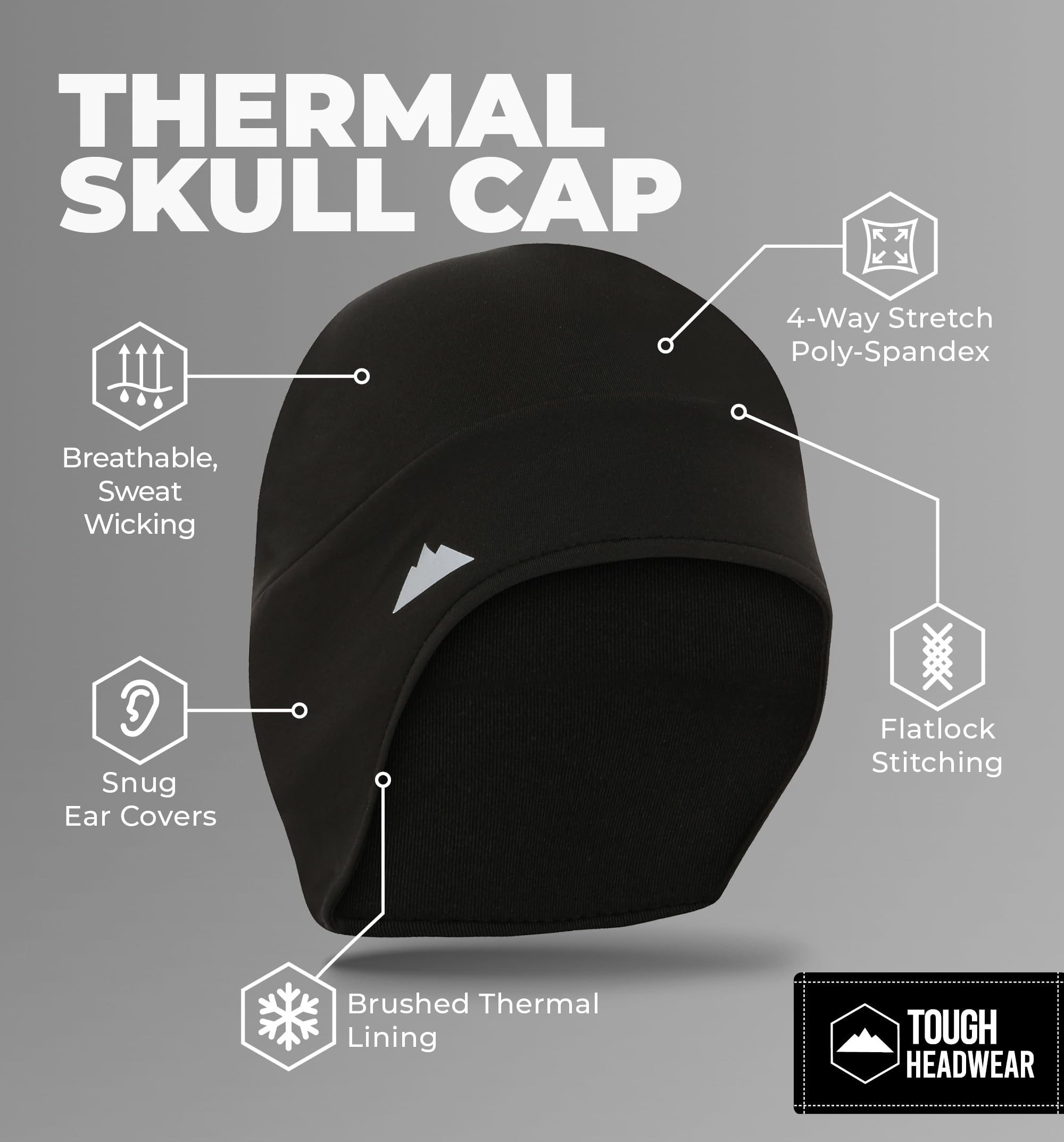 Tough Headwear Thermal Helmet Liner Skull Cap, Hard Hat Liner, Mens Beanie, Winter Cycling Cap & Running Gear, Ski Hat Black