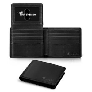 travelambo black wallet for men, premium genuine leather rfid blocking mens wallet, 10 credit card holder minimalist front pocket, mens bifold wallet with 2 id window