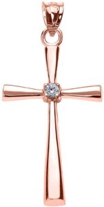 religious jewelry by fdj 14k rose gold solitaire diamond accented cross pendant charm (k-m color, promo clarity)