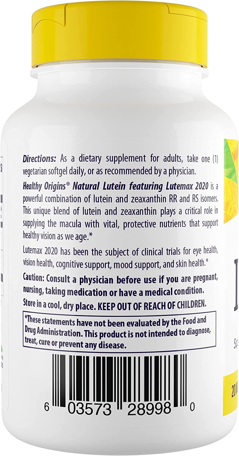 Healthy Origins Lutein (Lutemax 2020), 20 mg - for Healthy Vision & Eye Health - Supplement with Zeaxanthin - Vegan, Non-GMO & Gluten-Free Supplement - 180 Veggie Gels