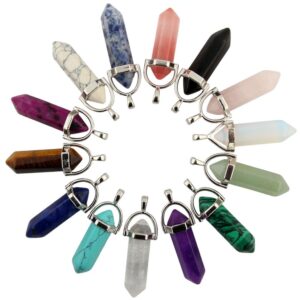 Mutilcolor 14pcs Bullet Shape Healing Pointed Chakra Pendants sugilite Quartz Crystal Stone Charm Randow Color for Necklace Making