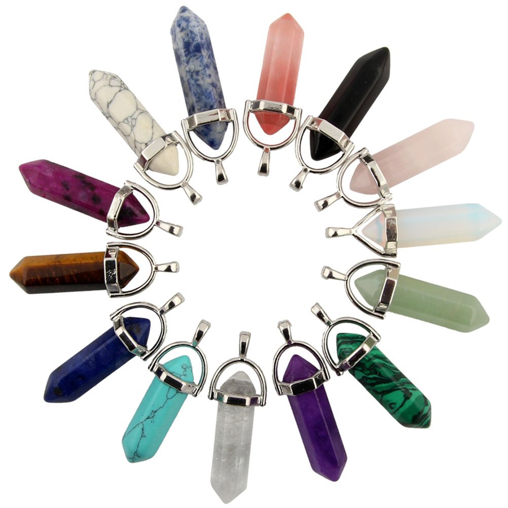 Mutilcolor 14pcs Bullet Shape Healing Pointed Chakra Pendants sugilite Quartz Crystal Stone Charm Randow Color for Necklace Making