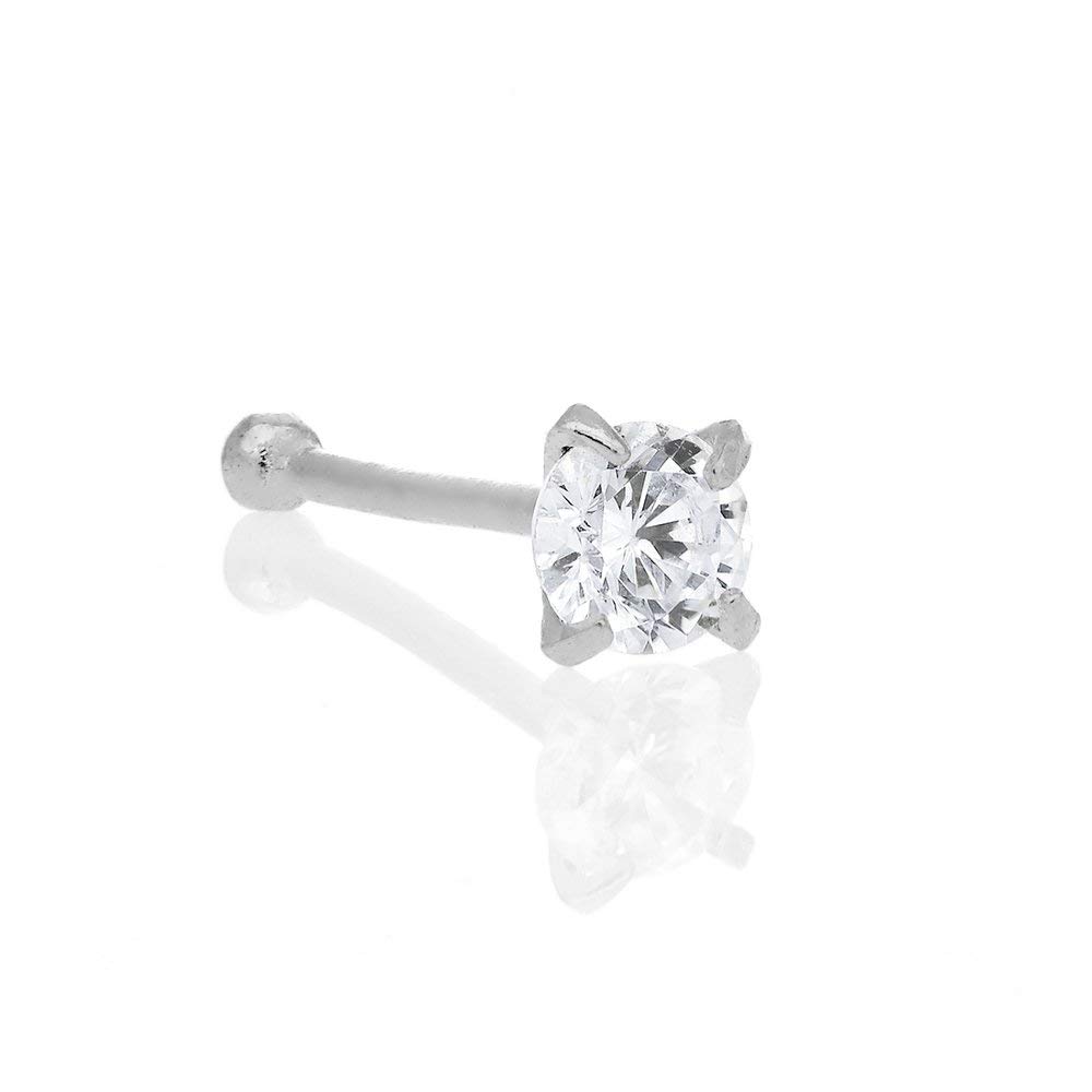 JewelStop 14K Solid White Gold Nose Ring Bone CZ Prong Ring - 2mm 20 Gauge