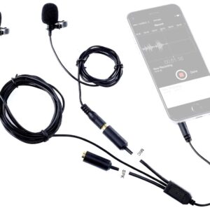 Movo Professional Lavalier Lapel Clip-on Interview Podcast Microphone with Secondary Mic and Headphone Monitoring Input for iPhone, iPad, Samsung, Android Smartphones, Tablets - Podcast Equipment