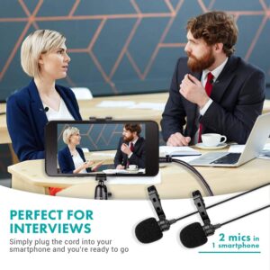 Movo Professional Lavalier Lapel Clip-on Interview Podcast Microphone with Secondary Mic and Headphone Monitoring Input for iPhone, iPad, Samsung, Android Smartphones, Tablets - Podcast Equipment