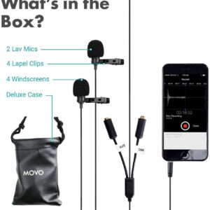 Movo Professional Lavalier Lapel Clip-on Interview Podcast Microphone with Secondary Mic and Headphone Monitoring Input for iPhone, iPad, Samsung, Android Smartphones, Tablets - Podcast Equipment