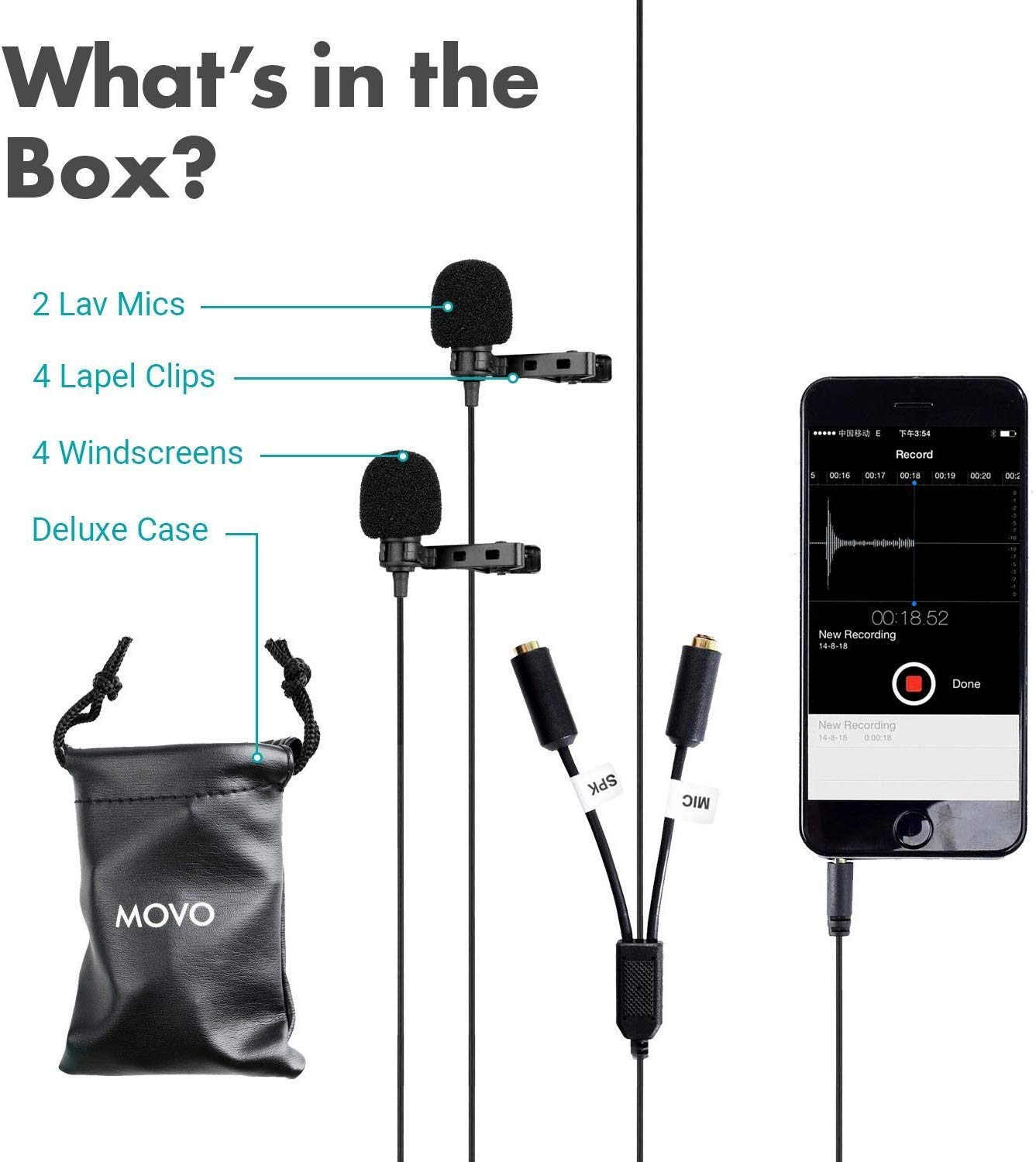 Movo Professional Lavalier Lapel Clip-on Interview Podcast Microphone with Secondary Mic and Headphone Monitoring Input for iPhone, iPad, Samsung, Android Smartphones, Tablets - Podcast Equipment