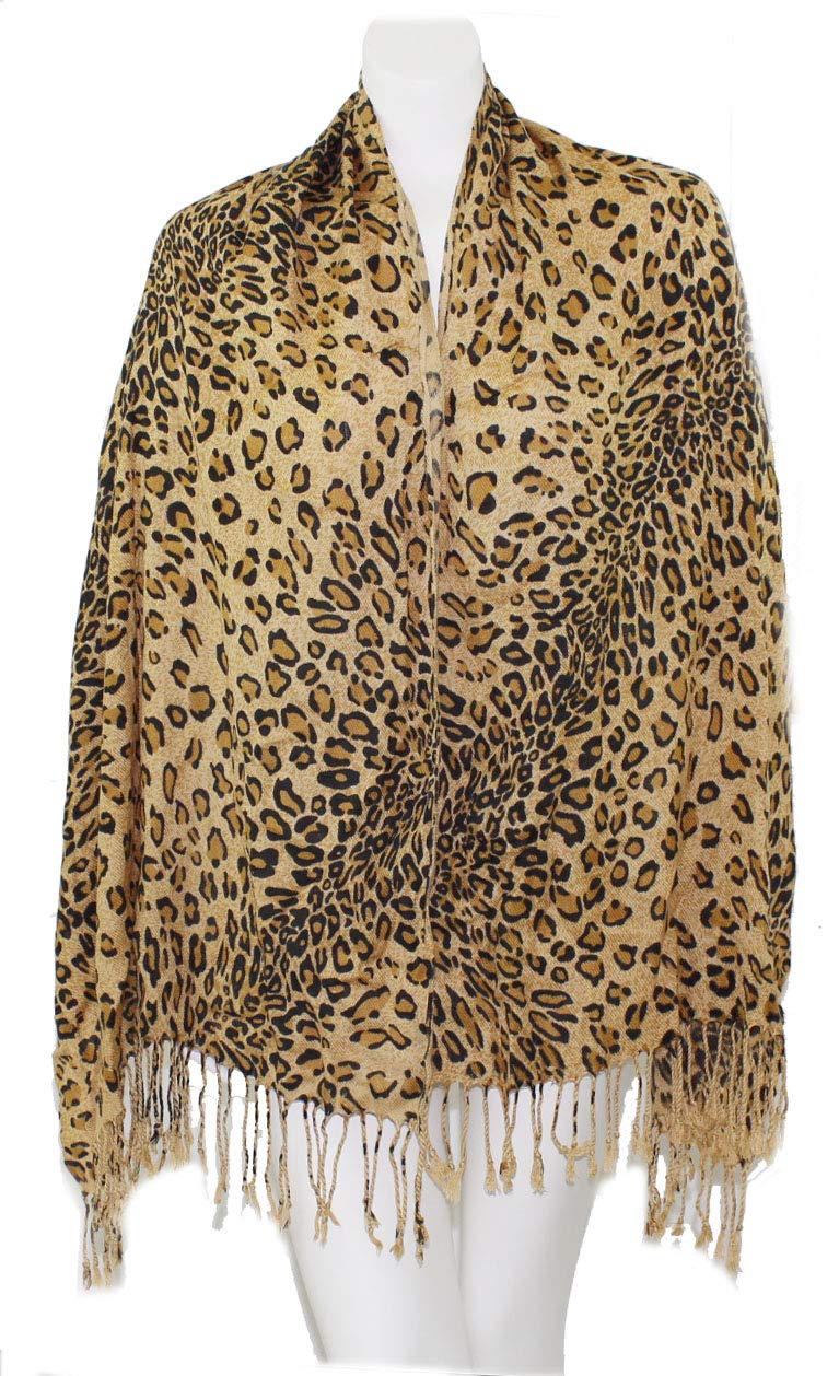 Cirrus Animal Print Fringed Shoulder Pashmina Feel Wrap Scarf - Leopard Patterns