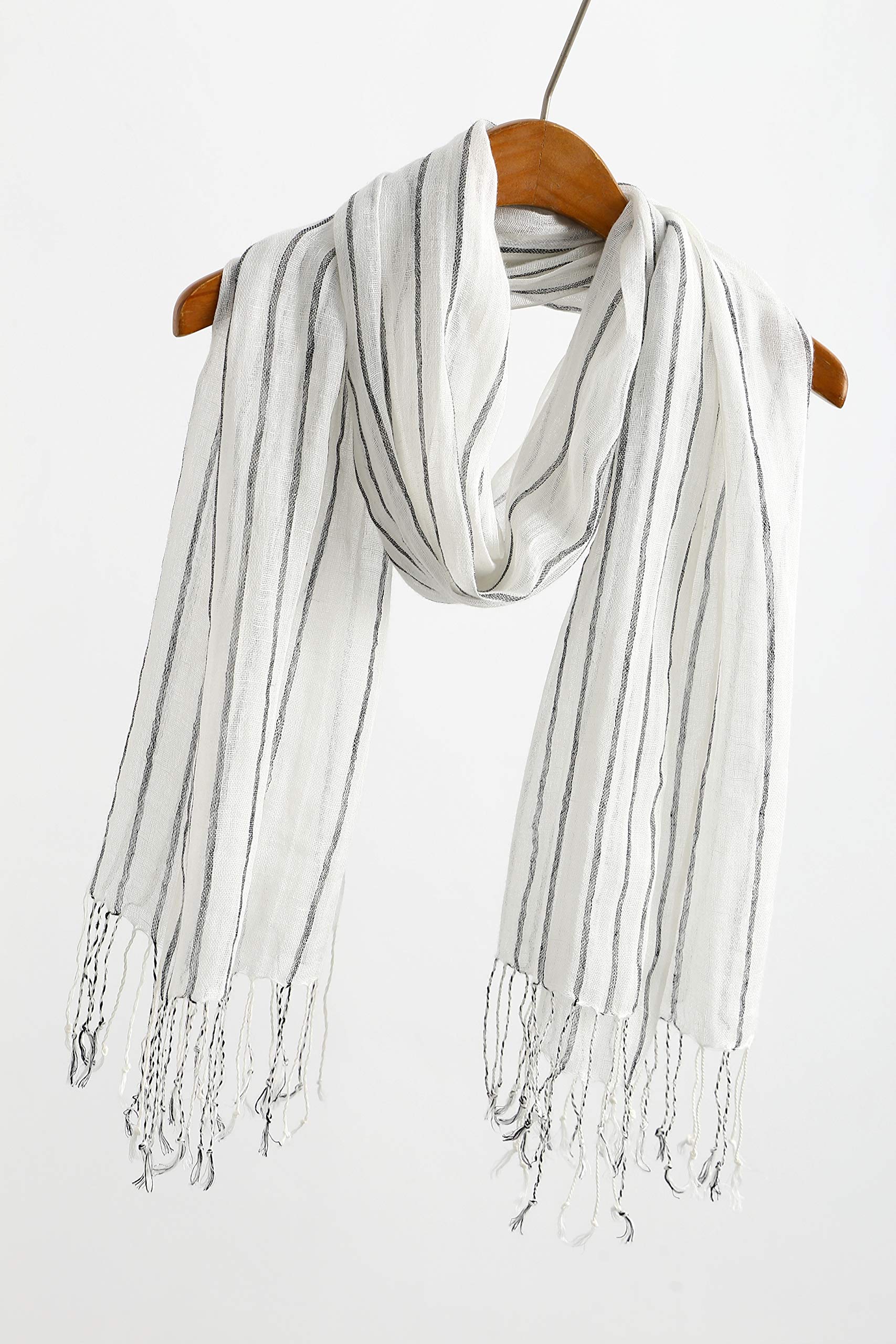 Jeelow 100% Linen Lightweight Striped Light Scarf Shawl Wrap For Men & Women (White Linen Black Stripes)