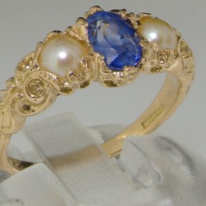 LetsBuyGold 14k Yellow Gold Real Genuine Sapphire and Cultured Pearl Womens Anniversary Ring - Size 8