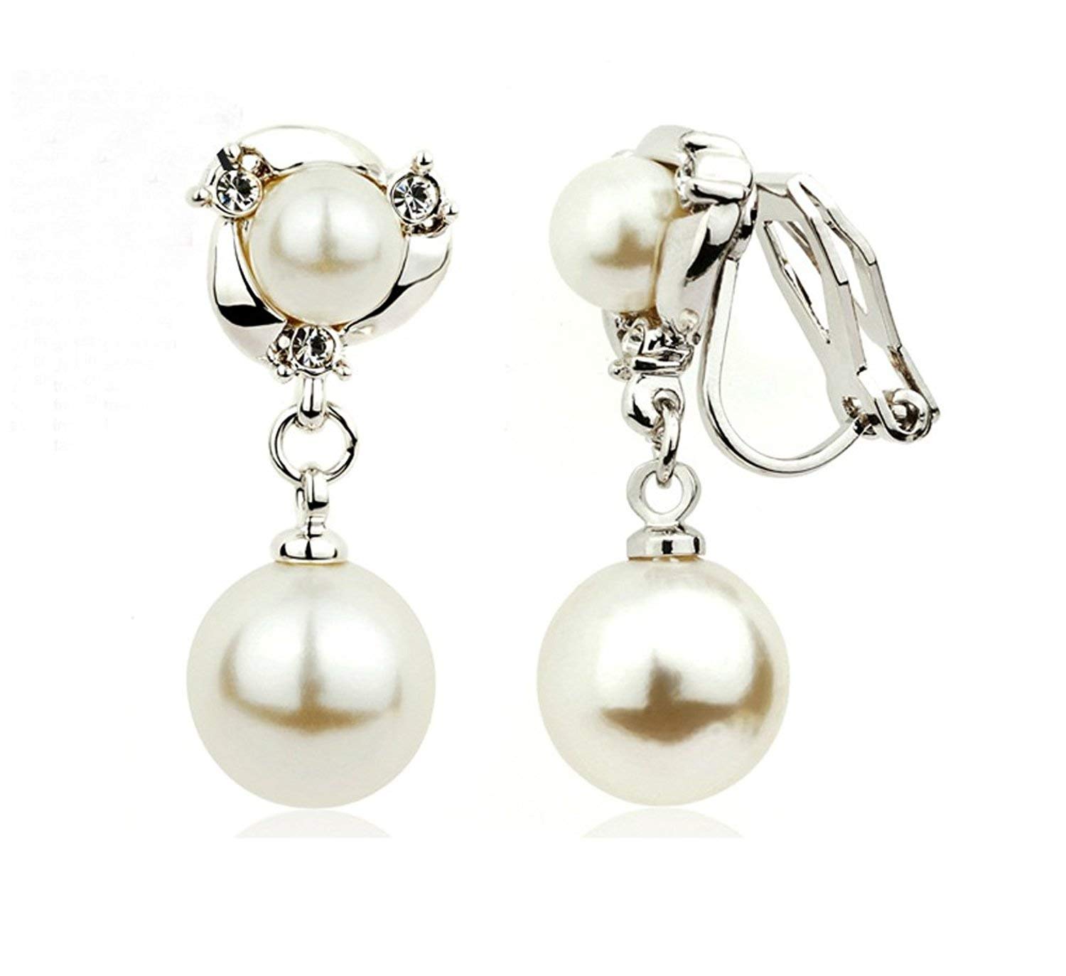 Acefeel Clip On Earring For Women White Pearl Non Pierced Clip Earrings