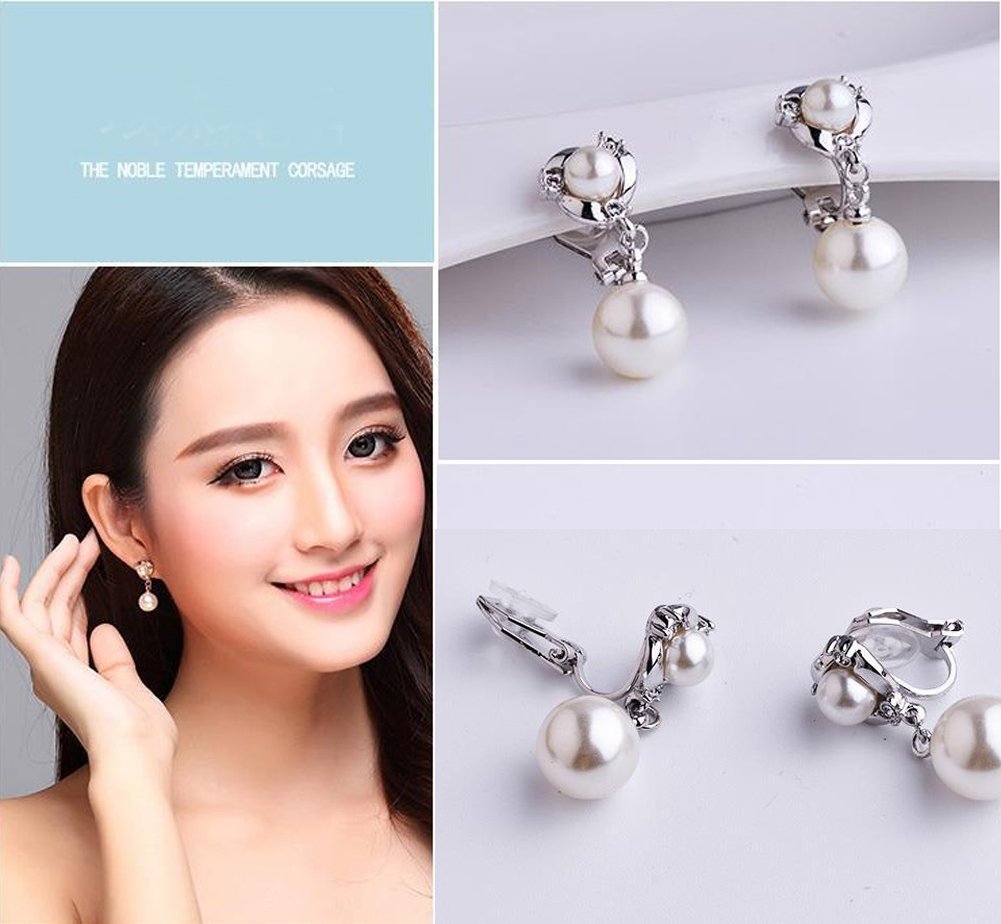 Acefeel Clip On Earring For Women White Pearl Non Pierced Clip Earrings