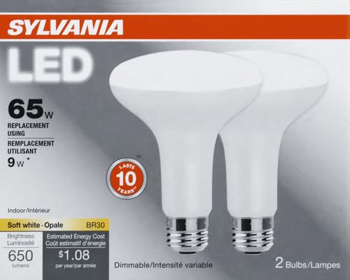 SYLVANIA LED Flood BR30 Light Bulb, 65W Equivalent Efficient 9W, 10 Year, 650 Lumens, Dimmable, 2700K, Soft White - 2 pack (73954)